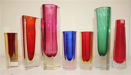 Seven Murano Sommerso glass faceted vases, 1950s-70s, 14cm - 24cm